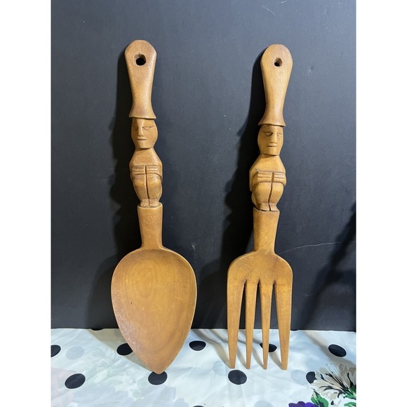 Handmade Other - Wood Salad Fork & Spoon Mid Century Tribal Hand Carved Decor 12" (2055)
